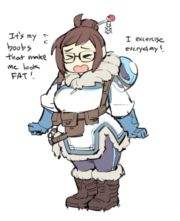 &gt;_&lt; 1girl boots breasts brown_hair chibi closed_eyes coat english female flat_color full_body gebyy-terar glasses hair_ornament hair_stick large_breasts mei_(overwatch) overwatch pout robot short_hair simple_background snowball_(overwatch) solo thick_thighs thighs weight_conscious white_background wide_hips winter_clothes
