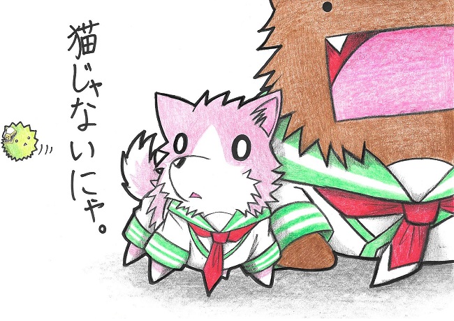 animal animal_ears animalization cat cat_ears cat_tail colored_pencil_(medium) commentary_request dainamitee dog dog_ears dog_tail hat kantai_collection kuma_(kantai_collection) necktie no_humans non-human_admiral_(kantai_collection) nyankore o_o oversized_animal red_necktie sailor_collar school_uniform serafuku simple_background skirt tail tama_(kantai_collection) traditional_media translation_request white_background