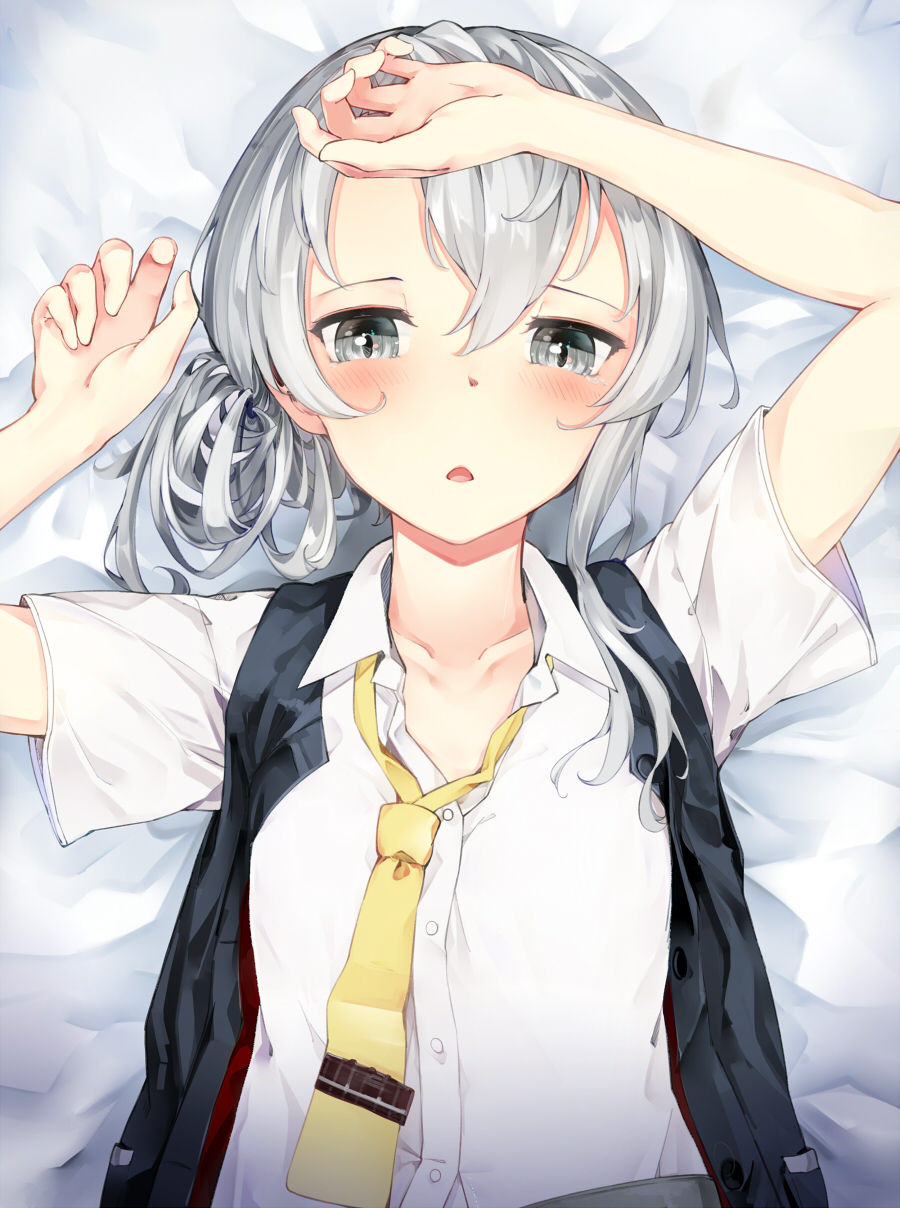 1girl asymmetrical_hair bangs blouse blush collarbone collared_shirt flipped_hair grey_eyes hand_on_own_head highres kantai_collection looking_at_viewer lying necktie nowaki_(kantai_collection) on_back open_clothes open_mouth open_vest shirt silver_hair solo somalisu swept_bangs tie_clip vest white_shirt