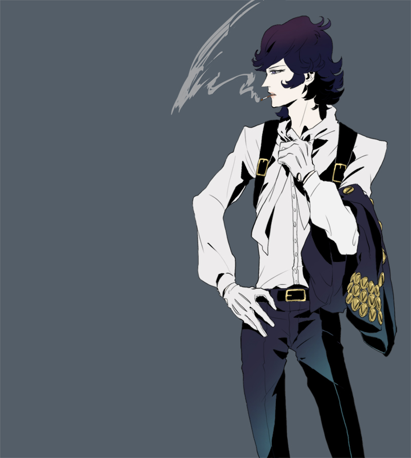 1boy adam's_apple androgynous armpit_holster belt blue_background blue_eyes blue_hair cigarette citrus102 flat_color gloves gradient hand_on_hip holster jacket jitome looking_away lupin_iii male_focus oscar_(lupin) profile simple_background smoke smoking solo wavy_hair