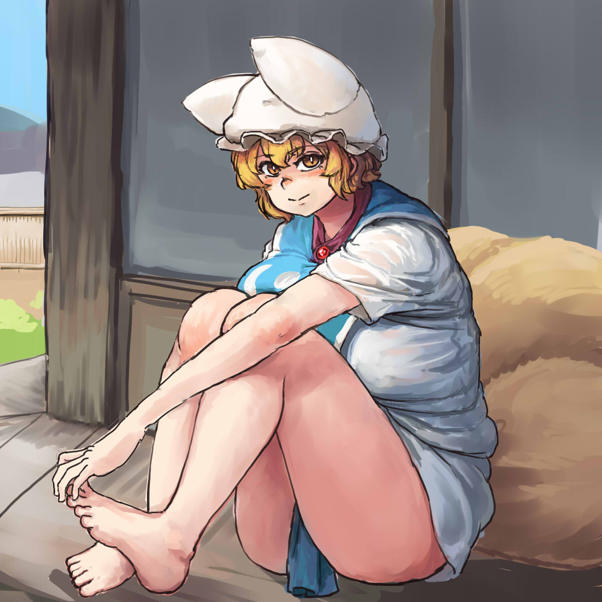 1girl adapted_costume ass bangs barefoot blonde_hair blue_sky blush breasts brown_eyes chanta_(ayatakaoisii) day dress eyebrows eyebrows_visible_through_hair feet fence fox_tail grass hair_between_eyes hat highres huge_breasts knees knees_to_chest legs looking_at_viewer multiple_tails outdoors pillow_hat plump see-through short_hair short_sleeves sitting sky slit_pupils smile solo tabard tail thick_thighs thighs toes touching_toes touhou white_dress yakumo_ran