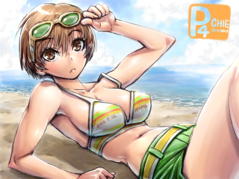 1girl amania_orz artist_name beach bikini bikini_top blush breasts brown_eyes brown_hair character_name cleavage closed_mouth clouds coast collarbone dated glasses glasses_on_head large_breasts looking_at_viewer lying navel ocean on_back outdoors persona persona_4 sand satonaka_chie short_hair shorts sky solo sunglasses swimsuit water yellow-framed_eyewear