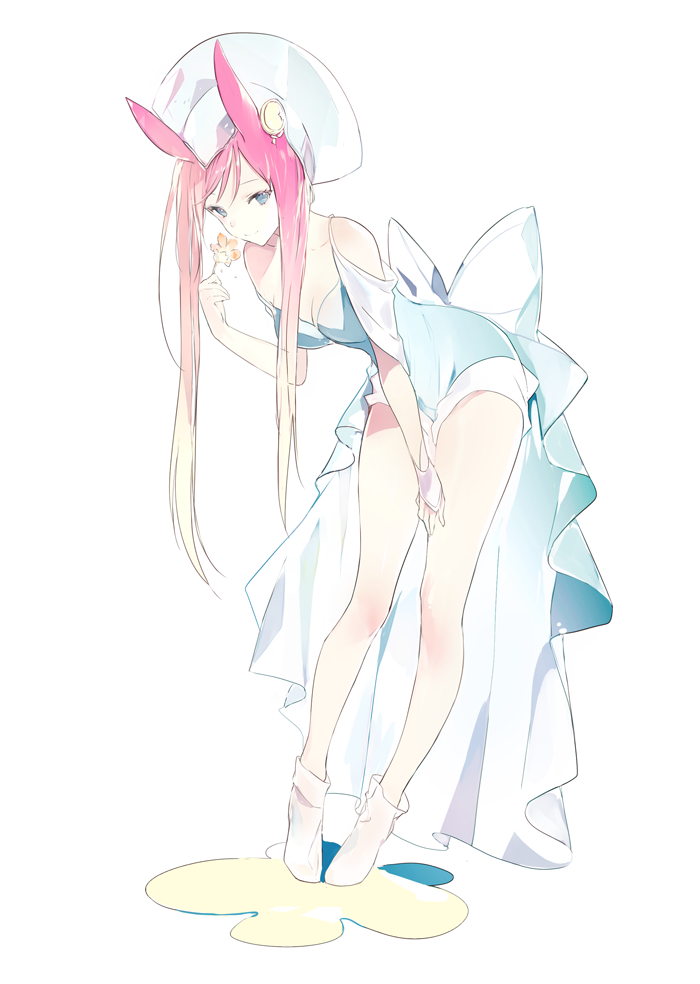 1girl animal_ears arm_warmers bare_legs bare_shoulders bent_over blue_dress blue_eyes breasts cleavage closed_mouth collarbone dress female flower full_body hand_on_thigh hat holding holding_flower long_hair lp_(hamasa00) lpip medium_breasts original pale_color pink_hair rabbit_ears simple_background smile socks solo standing strapless strapless_dress white_background white_flower white_hat white_legwear