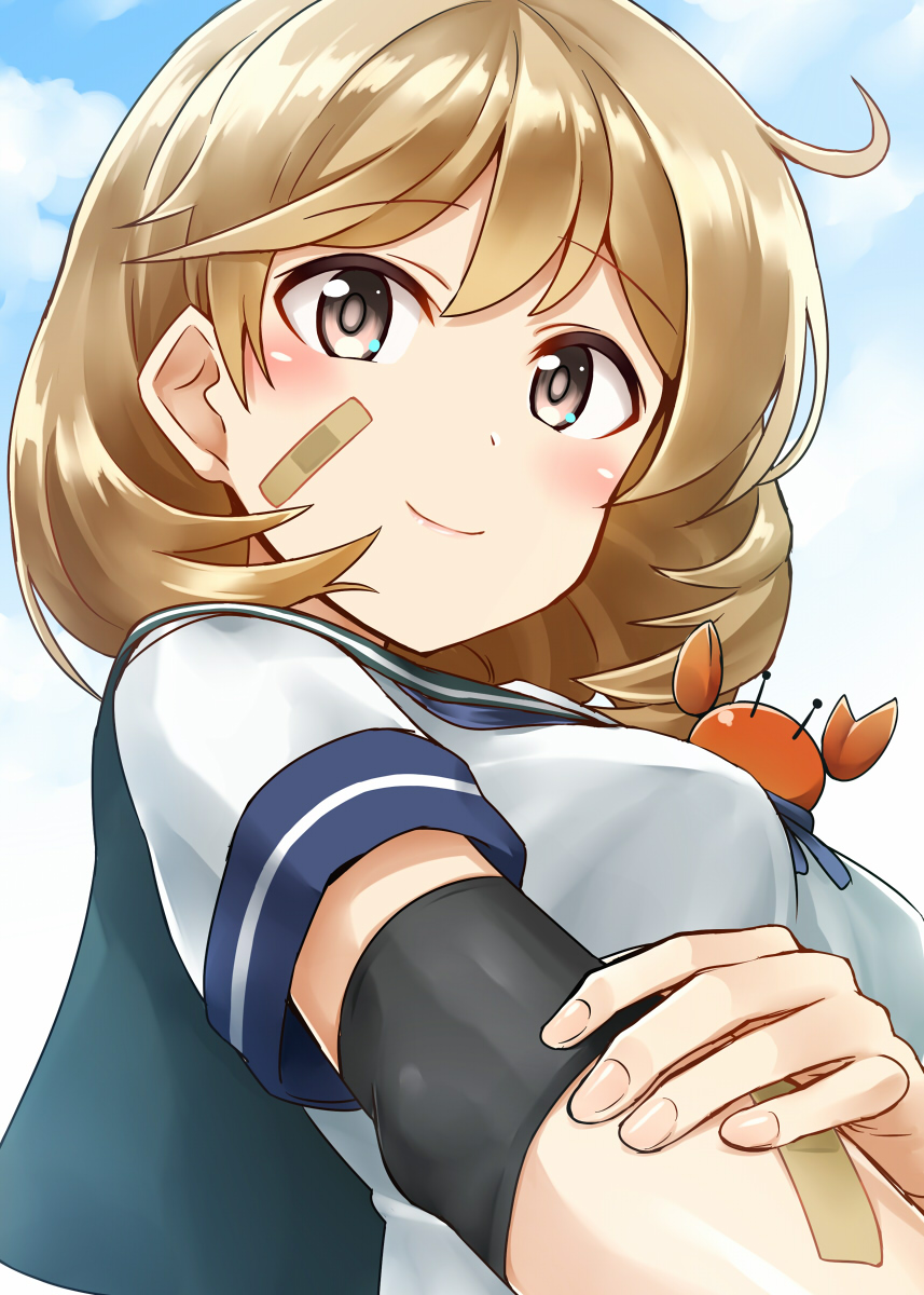 1girl ahoge bandaid bandaid_on_arm bandaid_on_face blush breasts brown_eyes brown_hair clouds cloudy_sky crab elbow_pads elbow_sleeve hand_on_arm highres kamelie kantai_collection looking_at_viewer medium_breasts oboro_(kantai_collection) pink_eyes school_uniform short_hair sky smile solo