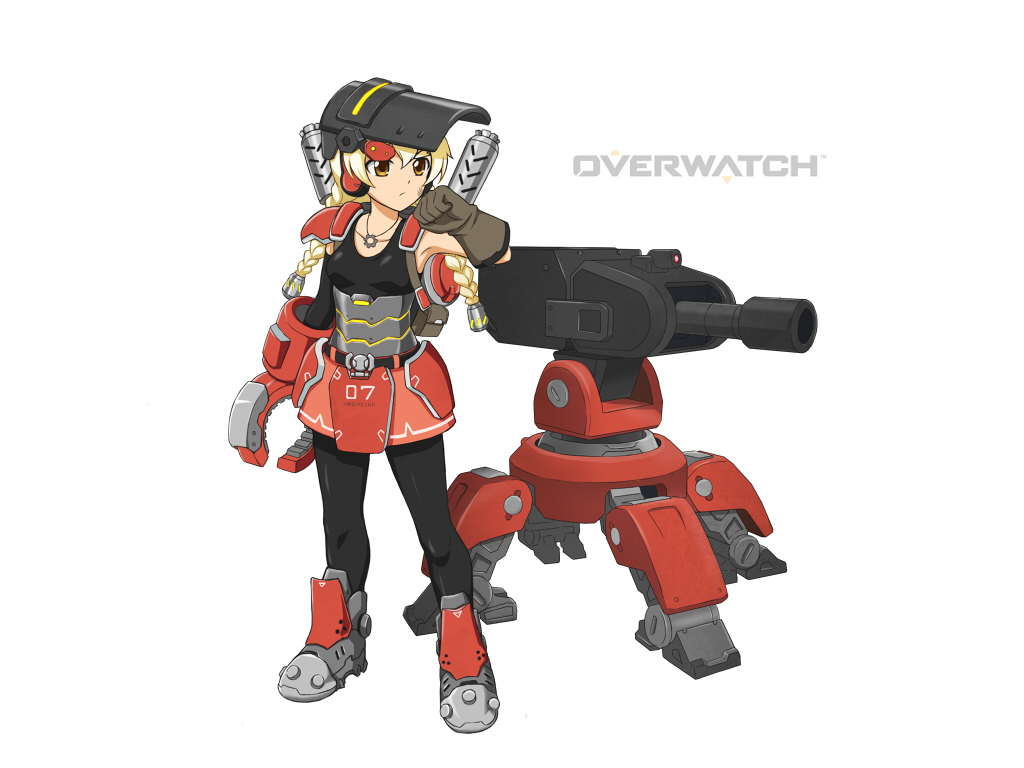 1girl an-bl armor armored_dress backpack bag black_legwear blonde_hair boots braid breasts copyright_name ear_protection faulds full_body genderswap genderswap_(mtf) jewelry long_hair mask_on_head mechanical_arm necklace orange_eyes overwatch pantyhose small_breasts solo torbjorn_(overwatch) turret twin_braids welding_mask