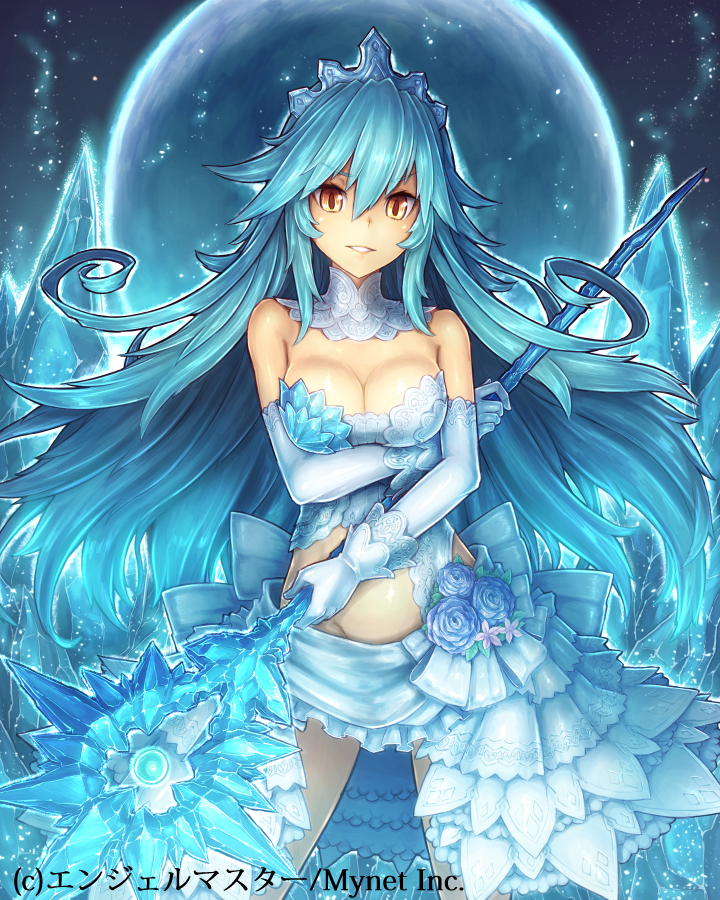 1girl angelmaster bangs bare_shoulders blue_hair breasts cleavage company_name copyright_name cowboy_shot crystal dress elbow_gloves eyebrows eyebrows_visible_through_hair flower gloves glowing glowing_weapon groin hair_between_eyes holding holding_weapon light_smile long_hair looking_at_viewer moon official_art ros sky smile solo staff star_(sky) starry_sky tiara weapon white_gloves yellow_eyes