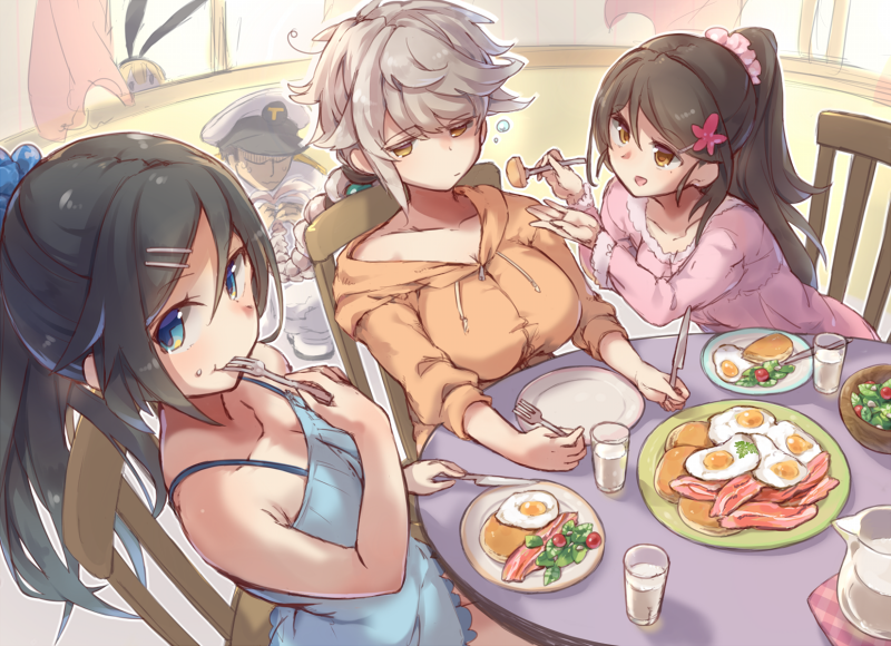 1boy 4girls adjusting_hair admiral_(kantai_collection) alternate_costume alternate_hairstyle amagi_(kantai_collection) animal_ears bad_anatomy bare_arms bare_shoulders black_hair blonde_hair blue_dress blue_eyes blurry braid braiding_hair breasts brown_eyes brown_hair chopsticks cleavage collarbone contemporary depth_of_field dress eating egg faceless faceless_male feeding flower fried_egg from_above hair_between_eyes hair_flower hair_ornament hairclip hairdressing hat hood hooded_jacket indoors jacket jitome kantai_collection katsuragi_(kantai_collection) knife large_breasts long_hair looking_at_another looking_at_viewer mole mole_under_eye multiple_girls peaked_cap ponytail rabbit_ears scrunchie shimakaze_(kantai_collection) short_dress silver_hair single_braid sitting sleepy small_breasts sweater table tying_hair unryuu_(kantai_collection) very_long_hair window yamaarashi yellow_jacket