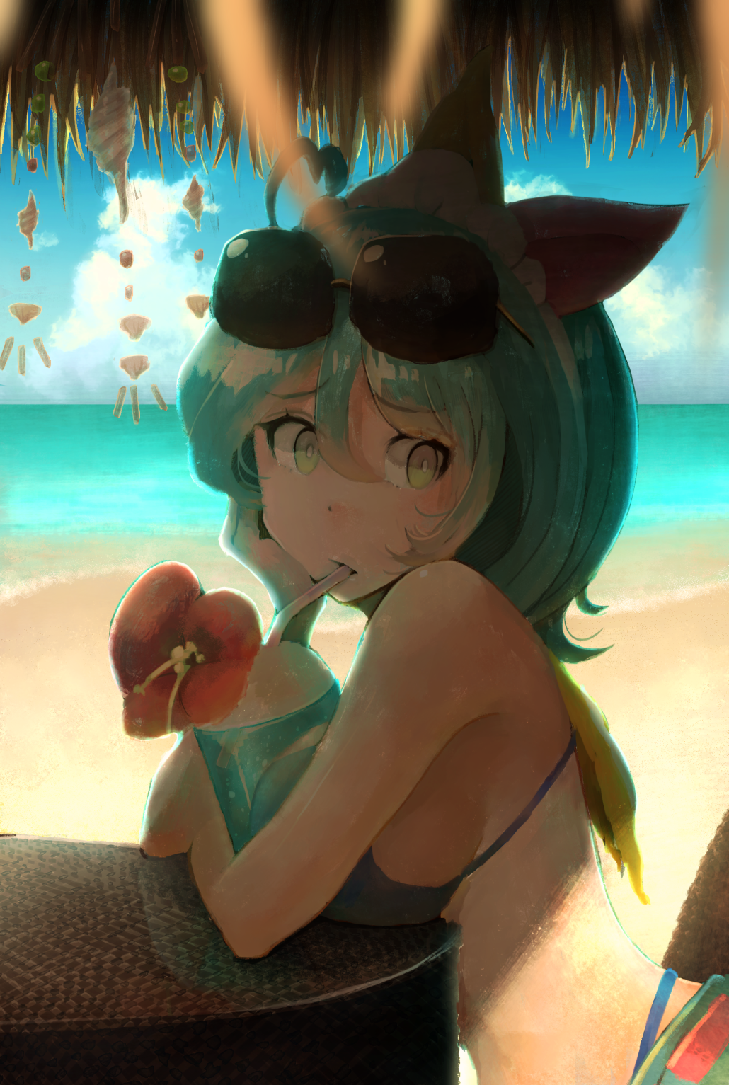 1girl ahoge beach black_bikini_top blurry breasts chin_rest depth_of_field drink drinking drinking_straw flower from_side glasses green_hair hair_between_eyes hair_ribbon hairband hibiscus highres looking_at_viewer original pabo ribbon solo sunglasses sunglasses_on_head water