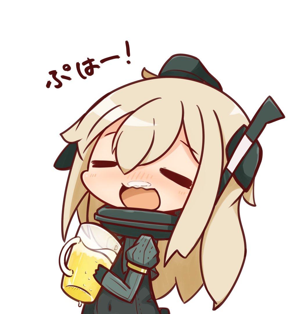 1girl alcohol beer beer_mug chibi closed_eyes commentary_request garrison_cap hat kantai_collection long_hair nuu_(nu-nyu) open_mouth simple_background solo translation_request u-511_(kantai_collection) white_background