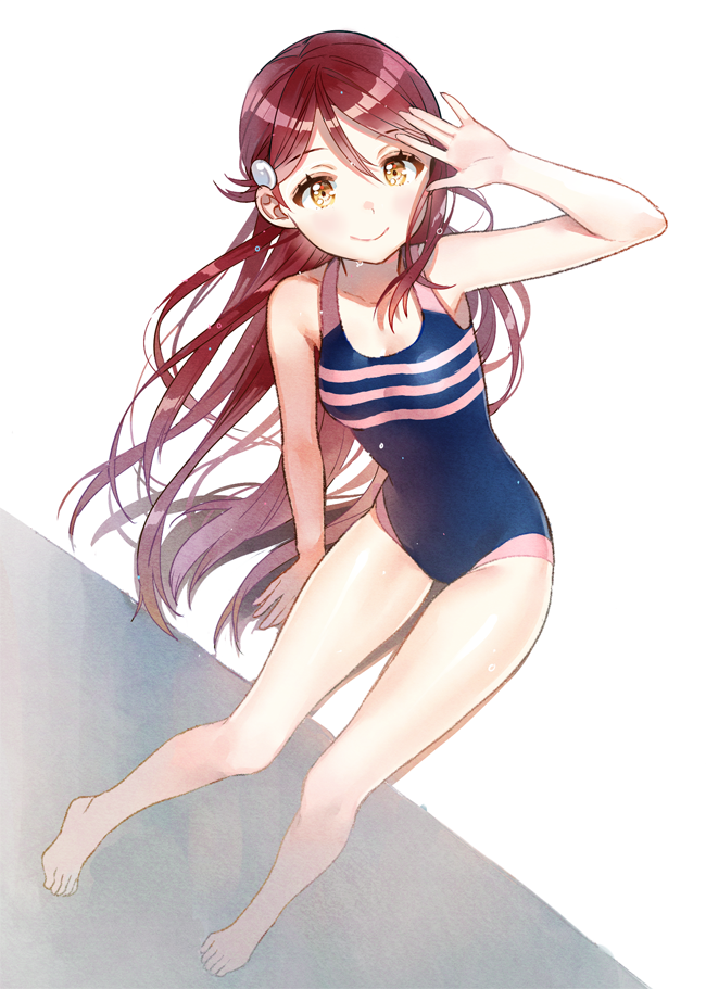 1girl anco_(melon85) arm_support bare_arms bare_legs bare_shoulders barefoot blue_swimsuit competition_swimsuit from_above full_body hair_ornament hand_over_eye long_hair looking_at_viewer love_live! love_live!_school_idol_project love_live!_sunshine!! one-piece_swimsuit redhead sakurauchi_riko sitting smile solo swimsuit yellow_eyes
