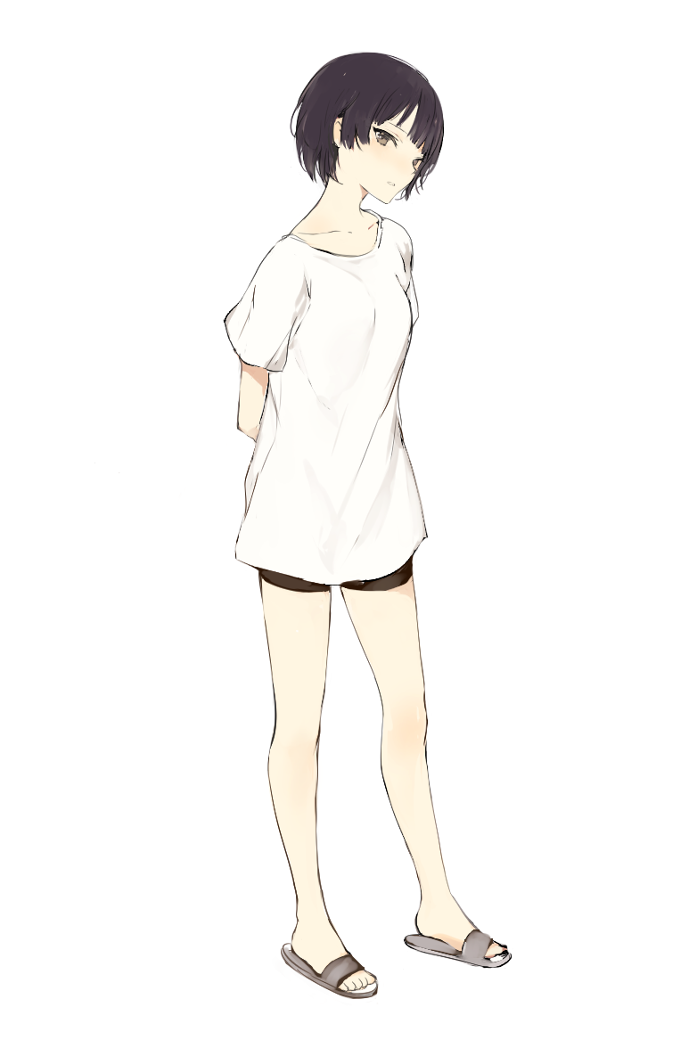 1girl arms_behind_back bare_legs black_hair blush breasts brown_eyes brown_shorts collarbone expressionless head_tilt lp_(hamasa00) lpip no_legwear original parted_lips sandals short_hair short_sleeves shorts simple_background slippers solo standing toes white_background