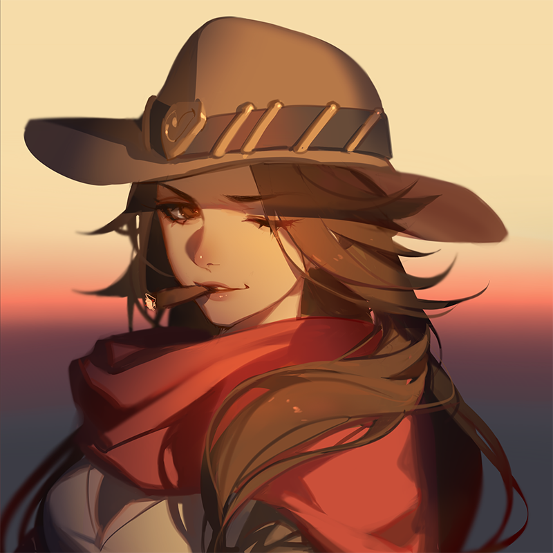 1girl ask_(askzy) brown_eyes brown_hair brown_hat cape cigar cowboy_hat eyebrows eyebrows_visible_through_hair eyelashes genderswap genderswap_(mtf) gradient gradient_background hat lips lipstick makeup mccree_(overwatch) mouth_hold one_eye_closed overwatch poncho red_cape solo upper_body