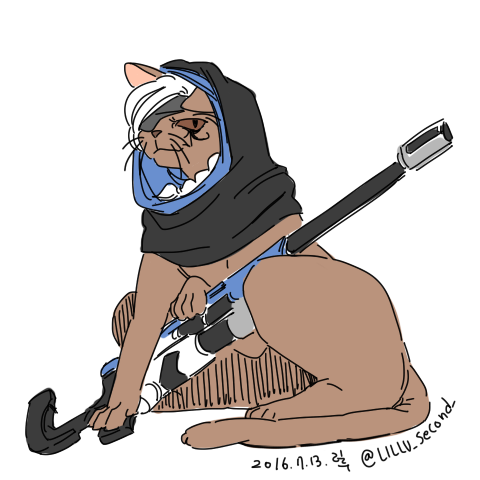 1girl ana_(overwatch) animal animalization brown_fur cat dated eyepatch facial_tattoo gun hijab lillu lowres no_humans overwatch rifle sniper_rifle tail tattoo twitter_username weapon whiskers white_background white_hair