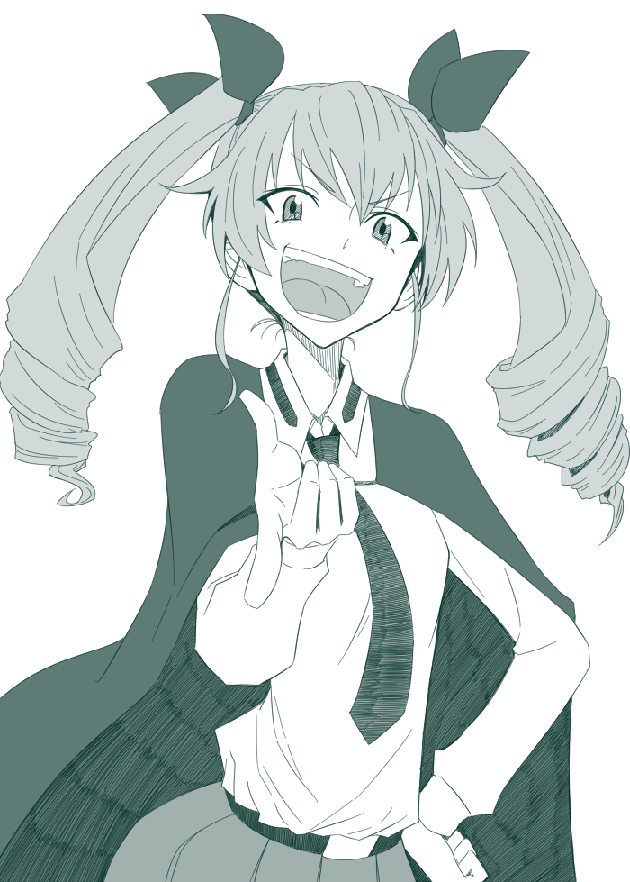 &gt;:d 1girl :d anchovy belt birii cape drill_hair female girls_und_panzer hair_ribbon hand_on_hip long_hair long_sleeves looking_at_viewer monochrome necktie open_mouth ribbon school_uniform shirt simple_background skirt smile solo teeth twin_drills twintails uniform white_background