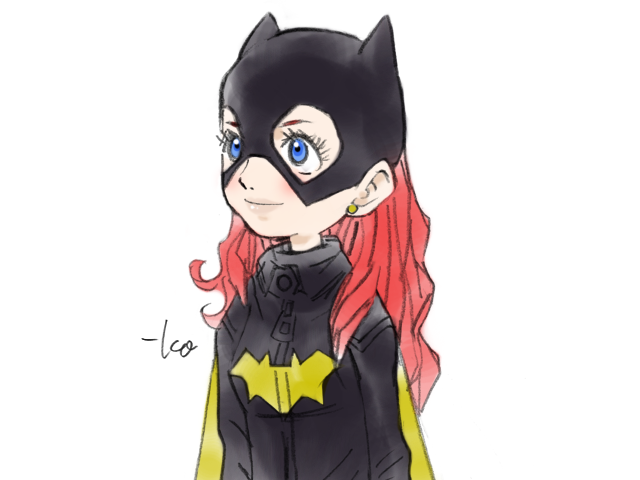 1girl animal_ears arms_at_sides barbara_gordon bat_ears bat_print batgirl batman_(series) blue_eyes blush bodysuit breasts cape closed_mouth dc_comics earrings eyelashes fake_animal_ears female jewelry light_smile lips long_hair looking_to_the_side looking_up mask redhead signature simple_background sketch small_breasts solo stud_earrings superhero takeuchi_kou turtleneck upper_body white_background younger zipper zipper_pull_tab