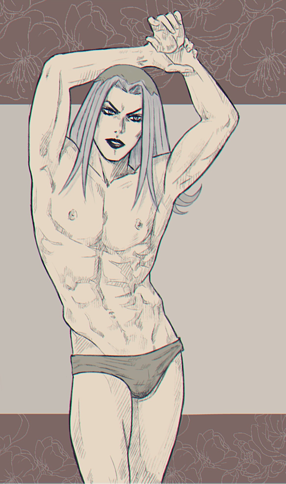 1boy abs amal-amaru arms_up black_lipstick floral_background grey_eyes grey_hair groin hat highres jojo_no_kimyou_na_bouken leone_abbacchio lipstick long_hair makeup male_focus muscle nipples solo underwear underwear_only