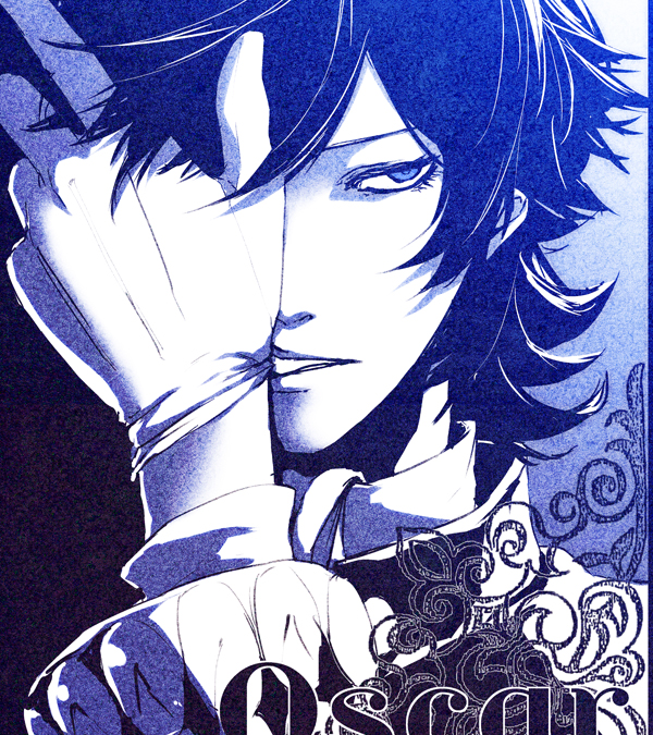 1boy androgynous blue character_name close-up collared_shirt eyelashes gloves gradient looking_away lupin_iii male_focus monochrome oscar_(lupin) s_tanly simple_background solo tsurime wavy_hair