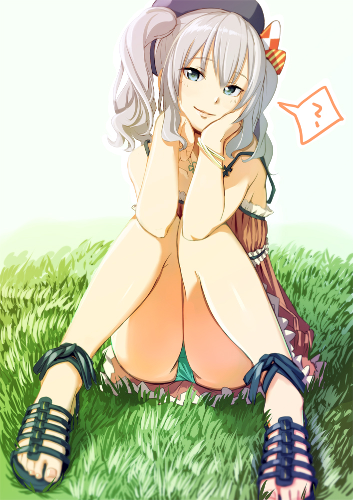 1girl ? aiueonesan_(umanaminoatama) alternate_costume aqua_panties bare_legs bare_shoulders blue_eyes casual clover collarbone commentary_request dress elbows_on_knees grass green_panties grey_hair hands_on_own_cheeks hands_on_own_face hat kantai_collection kashima_(kantai_collection) light_smile lips long_hair looking_at_viewer no_socks panties pantyshot pantyshot_(sitting) red_dress sandals short_dress silver_hair sitting solo spoken_question_mark strap_slip thighs toes twintails underwear upskirt wavy_hair