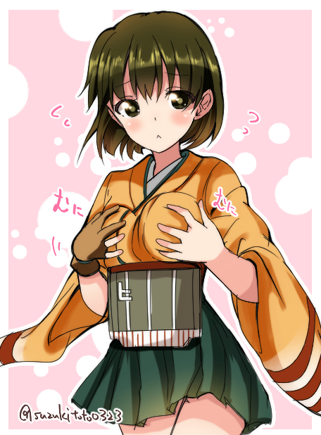1girl :&lt; bangs black_eyes blush breast_press breasts brown_hair closed_mouth cowboy_shot eyebrows eyebrows_visible_through_hair flying_sweatdrops hakama_skirt hiryuu_(kantai_collection) japanese_clothes kantai_collection kimono large_breasts looking_at_viewer motion_lines multicolored_background short_hair solo suzuki_toto twitter_username two-tone_background wide_sleeves yugake