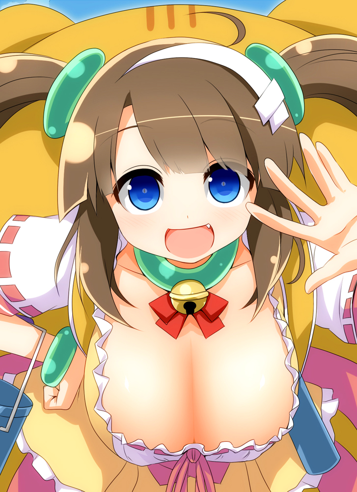 1girl :d ahoge backpack bag bell bell_choker blue_eyes blush bracelet breasts brown_hair choker cleavage collarbone dress fang hair_ornament hanging_breasts jewelry jingle_bell large_breasts leaning_forward looking_at_viewer minori_(senran_kagura) open_mouth senran_kagura senran_kagura_(series) senran_kagura_shinovi_versus short_sleeves smile solo twintails watarui yellow_dress