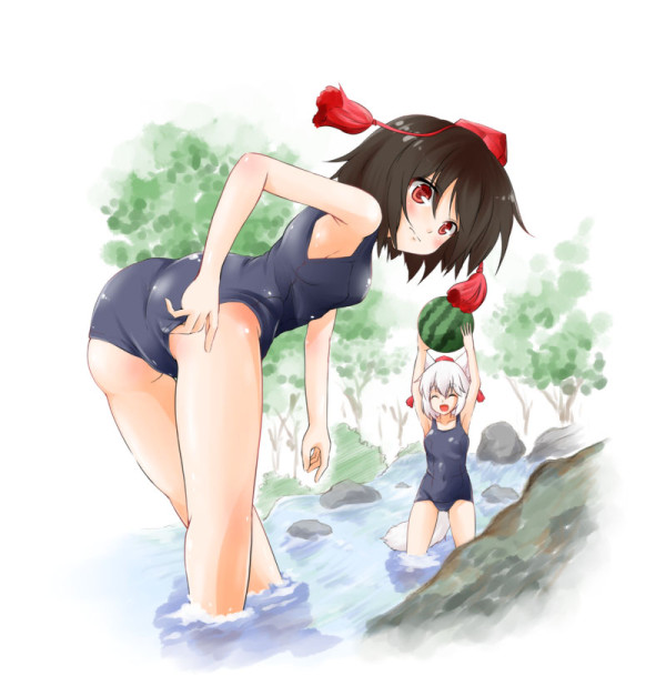 2girls :d :| ^_^ adjusting_swimsuit alternate_costume animal_ears armpits arms_up ass bad_perspective bare_shoulders black_hair blush closed_eyes covered_navel food forest fruit full_body hat inubashiri_momiji leaning_forward looking_at_viewer multiple_girls nature one-piece_swimsuit open_mouth partially_submerged red_eyes river shameimaru_aya short_hair smile swimsuit swimsuit_pull tail tokin_hat touhou watermelon white_hair wolf_ears wolf_tail yozuki_shokora