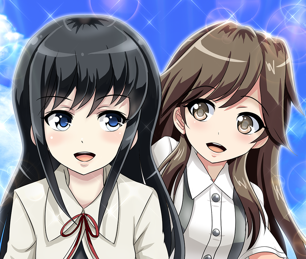 2girls arashio_(kantai_collection) arm_warmers asashio_(kantai_collection) backlighting black_hair blue_eyes brown_eyes brown_hair buttons dress eyebrows eyebrows_visible_through_hair kantai_collection long_hair long_sleeves looking_at_another looking_to_the_side multiple_girls neck_ribbon open_mouth pinafore_dress red_ribbon remodel_(kantai_collection) ribbon school_uniform shirt short_sleeves smile sparkle suspenders sweater tk8d32 white_shirt