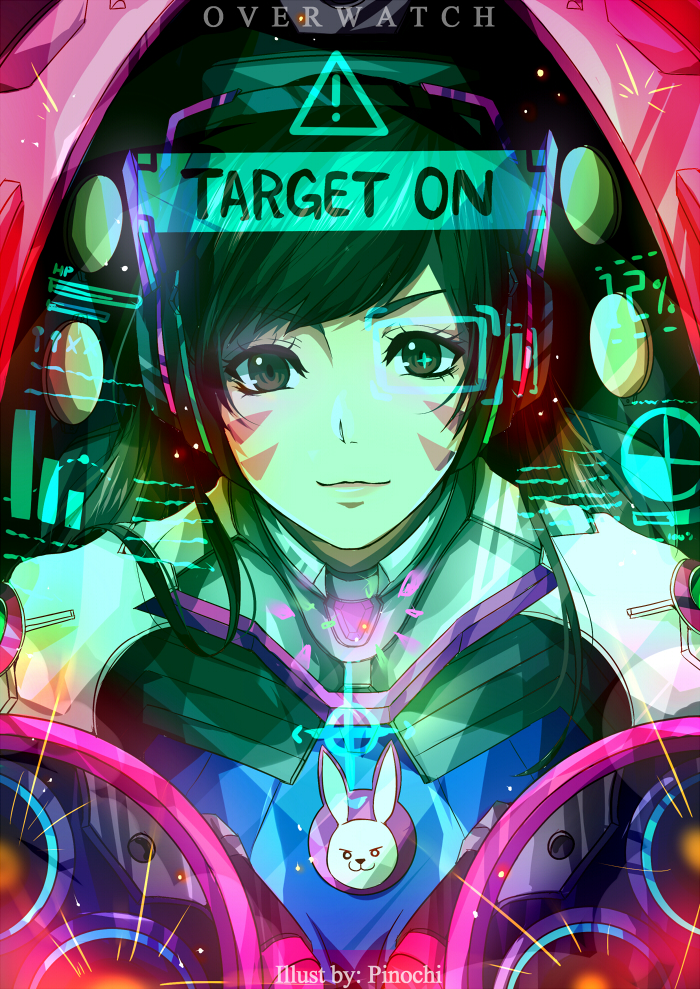 1girl armor artist_name bangs bodysuit brown_eyes brown_hair bunny_print copyright_name d.va_(overwatch) english eyelashes facepaint facial_mark headphones high_collar hologram holographic_interface long_hair looking_at_viewer mecha meka_(overwatch) overwatch pauldrons pilot_suit pinochi ribbed_bodysuit shoulder_pads solo text turtleneck upper_body whisker_markings