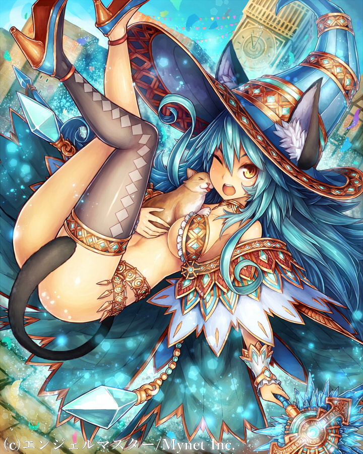 1girl angelmaster animal_ears argyle argyle_legwear bangs black_legwear blue_hair breasts cape cat cat_ears cat_tail clock clock_tower collarbone company_name copyright_name crystal flying gold hair_between_eyes hat high_heels holding holding_weapon jewelry long_hair looking_at_viewer navel official_art one_eye_closed open_mouth ros shiny single_thighhigh solo tail thigh-highs tongue tongue_out tower wand weapon witch_hat yellow_eyes