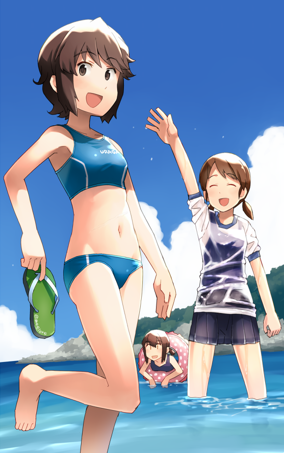 3girls alternate_costume arm_up armpits bangs bare_arms bare_legs bare_shoulders barefoot blouse blue_skirt blue_sky blue_swimsuit breasts brown_eyes brown_hair closed_eyes clouds cloudy_sky collarbone day eyebrows eyebrows_visible_through_hair fubuki_(kantai_collection) holding kantai_collection lifebuoy looking_at_viewer low_twintails miyuki_(kantai_collection) multiple_girls nature navel ocean open_mouth outdoors pleated_skirt sakura_(medilore) sandals sandals_removed school_swimsuit see-through shiny shiny_hair shirayuki_(kantai_collection) shoes_removed short_hair short_sleeves short_twintails skirt sky small_breasts smile standing stomach swimsuit twintails twitter_username wading water wet wet_clothes wet_skirt white_blouse