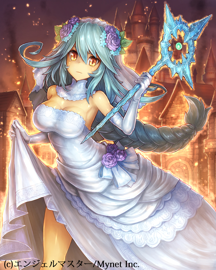 1girl angelmaster arm_up armpits bangs bare_shoulders blue_hair braid breasts bridal_veil building castle cleavage company_name copyright_name dress elbow_gloves fire flower gloves glowing hair_between_eyes hair_flower hair_ornament holding holding_weapon leaf long_hair looking_at_viewer official_art ros single_braid skirt_hold smoke solo veil very_long_hair wand weapon wedding_dress white_gloves yellow_eyes