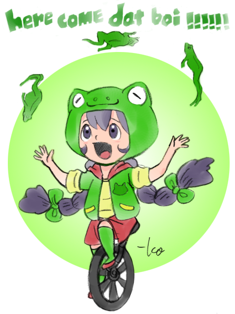 :d black_eyes black_hair bow english frog frog_hat green_bow hair_bow hood hoodie jacket juggling long_hair looking_up meme open_mouth short_sleeves signature simple_background smile takeuchi_kou text unicycle