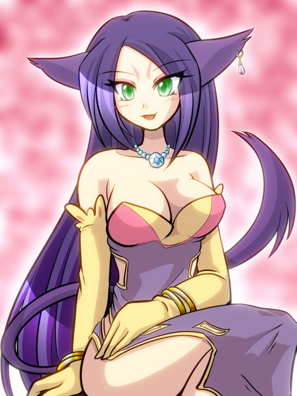 breasts catgirl cleavage green_eyes liepard personification pokemon purple_hair