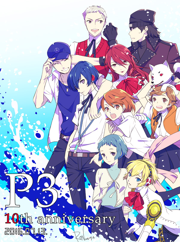 4girls 5boys aegis aegis_(persona) amada_ken android anniversary aragaki_shinjirou arisato_minato beanie black_hair blonde_hair blue_eyes blue_hair digital_media_player dog gloves grey_hair hat headphones iori_junpei kirijou_mitsuru koromaru long_hair multiple_boys multiple_girls open_mouth persona persona_3 red_eyes redhead ron_(lovechro) sanada_akihiko school_uniform short_hair smile takeba_yukari trench_coat yamagishi_fuuka yuuki_makoto