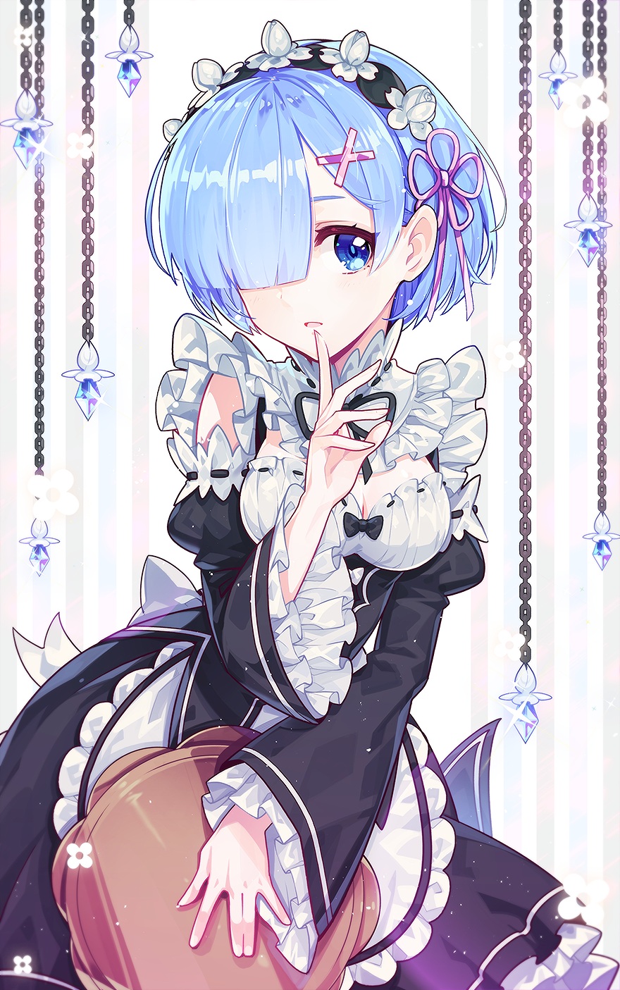 1girl apron arm_garter black_bow black_ribbon bow breasts chains cleavage cowboy_shot crystal detached_sleeves dress eyelashes finger_to_mouth fingernails frills hair_ornament hair_over_one_eye highres hwansang looking_at_viewer maid medium_breasts one_eye_covered parted_lips re:zero_kara_hajimeru_isekai_seikatsu rem_(re:zero) ribbon ribbon-trimmed_sleeves ribbon_trim short_hair smile solo striped striped_background tray underbust waist_apron white_apron white_background white_bow white_flower wide_sleeves x_hair_ornament