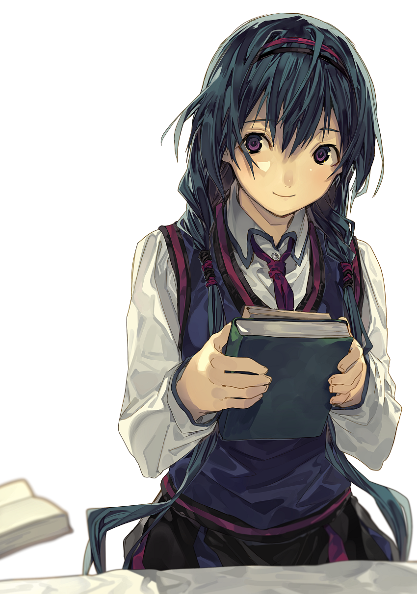 1girl bangs blue_hair book braid closed_mouth hair_between_eyes highres holding holding_book long_sleeves looking_at_another looking_away looking_to_the_side low_twintails natsu_natsuna necktie open_book original out_of_frame pink_eyes pink_necktie shirt simple_background smile solo table twin_braids twintails white_background white_shirt