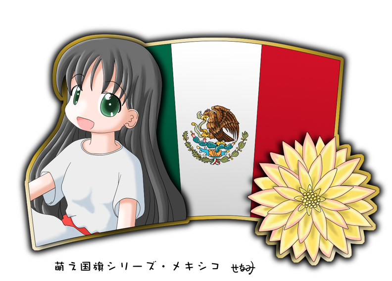1girl black_hair dahlia flag flower green_eyes long_hair mexican_flag mexico murakami_senami