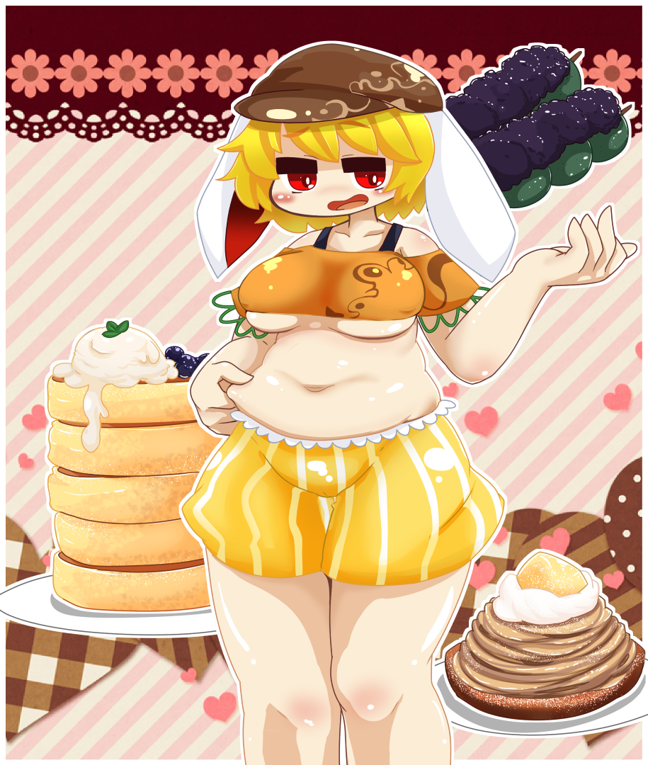 1girl animal_ears belly_grab blonde_hair blueberry blush breasts cabbie_hat cake cocked_eyebrow crop_top d: dango fat floppy_ears food fruit hat heart medium_breasts muuei navel open_mouth pancake plump rabbit_ears red_eyes ringo_(touhou) shirt short_hair short_shorts shorts solo thick_thighs thighs touhou under_boob undersized_clothes wagashi whipped_cream