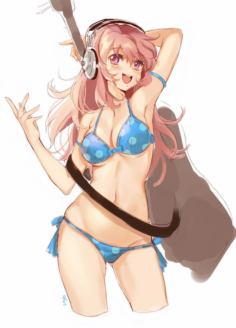 1girl 2nya_pic arm_behind_head arm_up armpits bikini blush breasts cleavage cowboy_shot guitar guitar_case headphones instrument instrument_case large_breasts long_hair looking_at_viewer navel nitroplus open_mouth pink_eyes pink_hair polka_dot polka_dot_bikini smile solo super_sonico swimsuit