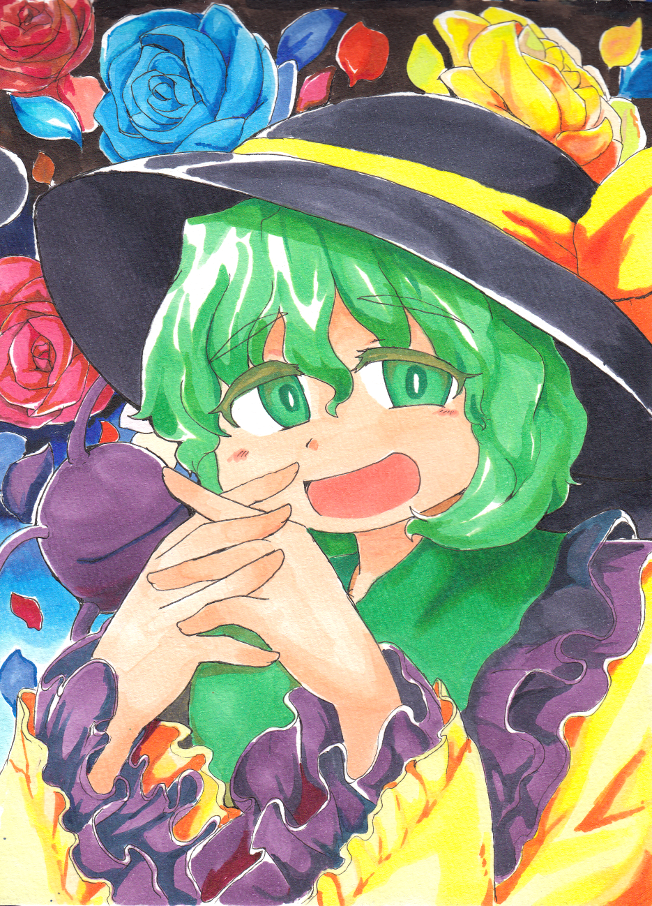 1girl blue_rose bow flower frills green_eyes green_hair hat hat_bow highres komeiji_koishi open_mouth ramototu rose solo steepled_fingers touhou traditional_media wide_sleeves yellow_rose