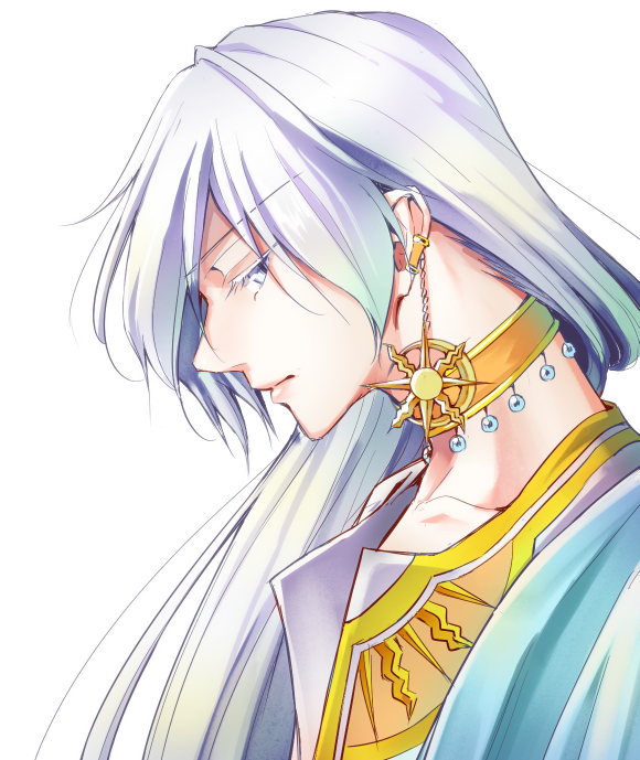 1boy androgynous card_captor_sakura choker colored_eyelashes crescent crescent_earrings crescent_moon earrings half-closed_eyes jewelry lavender_hair long_hair male_focus moon profile side_glance solo sun tenku_(ten_ku_ame) white_background white_hair yue_(ccs)
