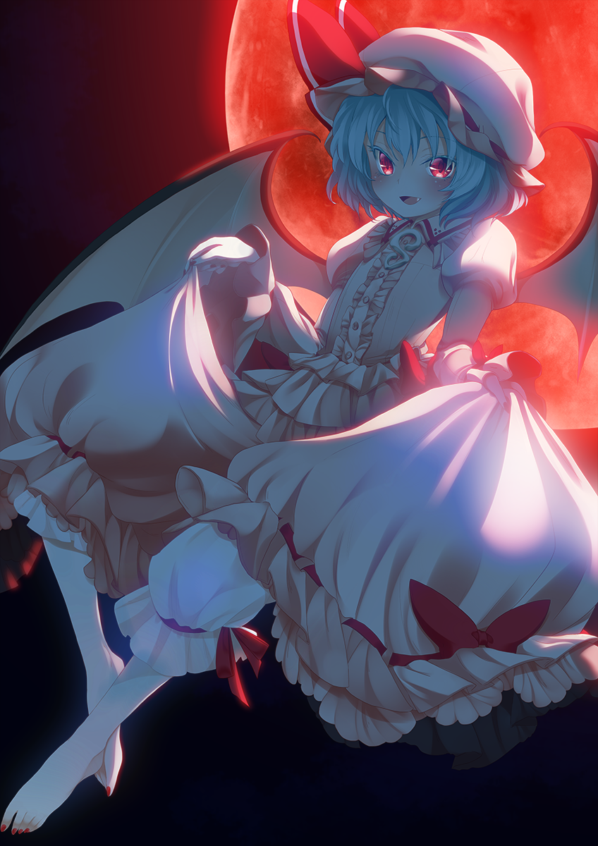 1girl backlighting barefoot bat_wings bloomers blue_hair blush chikado colored dark dress fang flat_chest full_body hat hat_ribbon highres long_sleeves looking_at_viewer mob_cap moon moonlight nail_polish night night_sky open_mouth puffy_sleeves red_eyes red_moon remilia_scarlet ribbon rikka_(rikka8) short_hair skirt skirt_lift sky smile solo touhou underwear wings