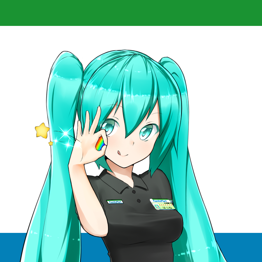 1girl :q aqua_eyes aqua_hair blush breasts employee_uniform familymart hatsune_miku id_card licking_lips long_hair looking_at_viewer medium_breasts ninnzinn rainbow short_sleeves smile solo sparkle star tongue tongue_out twintails uniform upper_body vocaloid