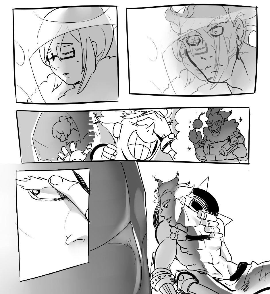 1boy 1girl coat comic error eyebrows glasses greyscale half-closed_eyes ice incipient_kiss junkrat_(overwatch) laughing mei_(overwatch) mei_(overwatch)_(cosplay) monochrome mundal overwatch reflection silent_comic sitting snowball thick_eyebrows tongue tongue_out topless winter_clothes winter_coat
