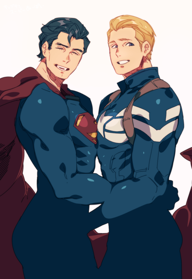 2boys 3m_0l arm_around_waist black_hair blonde_hair blue_eyes cape captain_america coif crossover dc_comics looking_at_viewer marvel multiple_boys muscle simple_background smile steve_rogers superhero superman tan_background