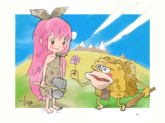 1boy 1girl axe barefoot blue_sky blush brown_eyes caveman cavewoman club fangs flower loincloth long_hair looking_at_another meme messy_hair mountain original pink_hair red_eyes signature sky spongebob_squarepants spongebob_squarepants_(character) takeuchi_kou weapon