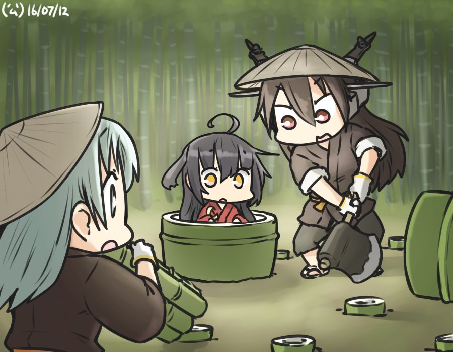 3girls ahoge alternate_costume aqua_eyes aqua_hair axe bamboo bamboo_forest black_hair carrying_over_shoulder commentary crescent crescent_moon_pin dated forest gloves glowing hamu_koutarou hat headgear japanese_clothes kantai_collection long_hair mikazuki_(kantai_collection) multiple_girls nagato_(kantai_collection) nature open_mouth red_eyes suzuya_(kantai_collection) tale_of_the_bamboo_cutter weapon white_gloves yellow_eyes