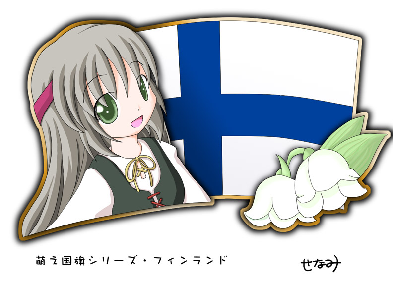 1girl finland finnish_flag flag flower green_eyes lily_of_the_valley long_hair murakami_senami upper_body