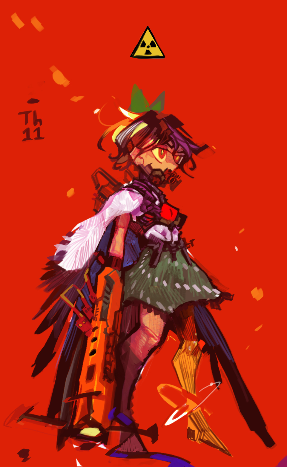 1girl alternate_hairstyle arm_cannon bird_wings black_hair black_wings bow cape from_side full_body hair_bow hair_ribbon highres l5_(nanbabodaaa) looking_away radiation_symbol red_background red_eyes reiuji_utsuho respirator ribbon shirt short_hair simple_background sketch skirt solo standing third_eye touhou weapon wings yellow_eyes