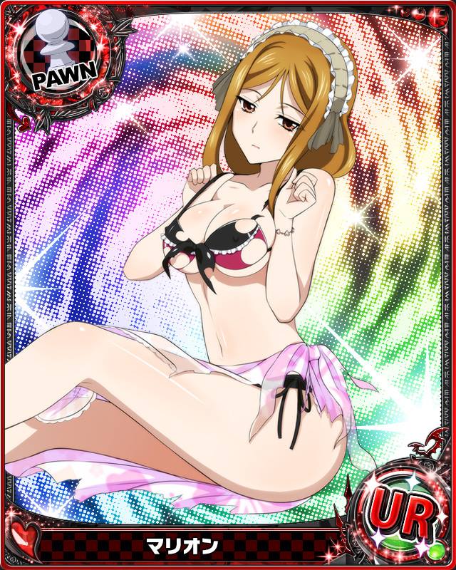 1girl artist_request bracelet breasts brown_eyes brown_hair card_(medium) character_name chess_piece erect_nipples hairband high_school_dxd jewelry large_breasts lolita_hairband long_hair marion_(high_school_dxd) pawn sparkle swimsuit torn_clothes torn_swimsuit trading_card