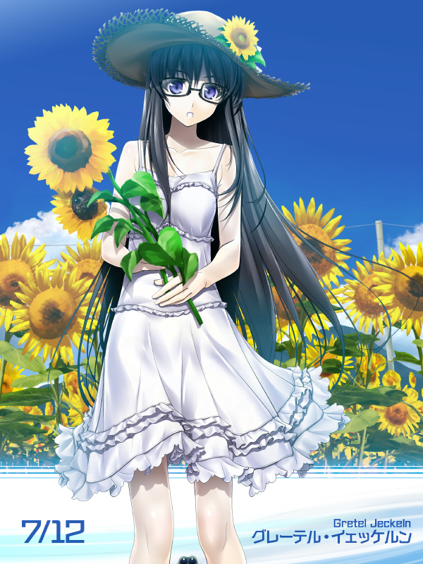 1girl bare_shoulders beta_(muvluv) birthday black_hair character_name clouds dated dress flower glasses gretel_jeckeln hat holding holding_flower long_hair looking_at_viewer muvluv official_art outdoors schwarzesmarken sky sleeveless smile solo soyosoyo standing straw_hat sun_hat sundress sunflower telephone_pole very_long_hair violet_eyes white_dress